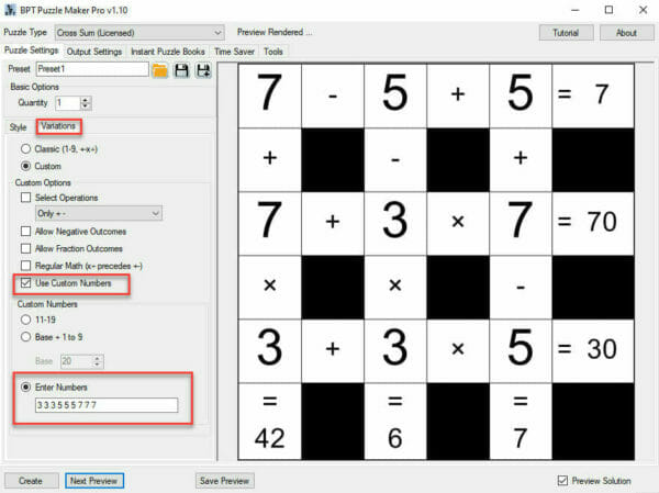 Cross Sum Variations use custom numbers screenshot