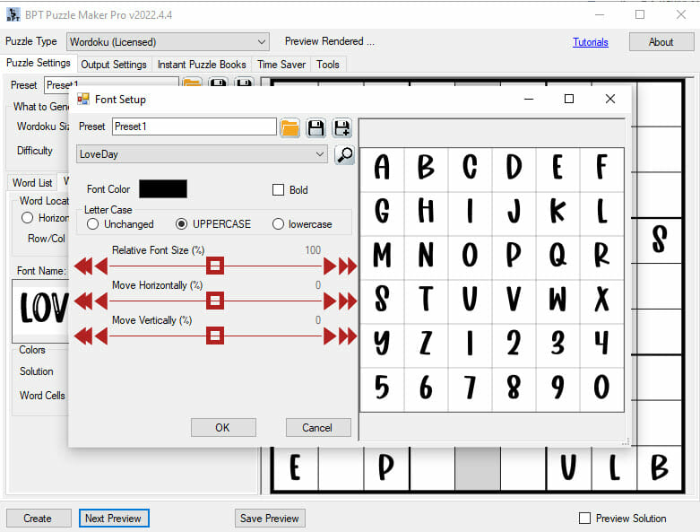 Wordoku Font Options Screenshot