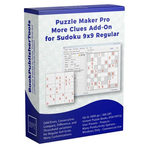 Software Box Mockup for Puzzle Maker Pro - More Clues Add-On for Sudoku 9x9 Regular