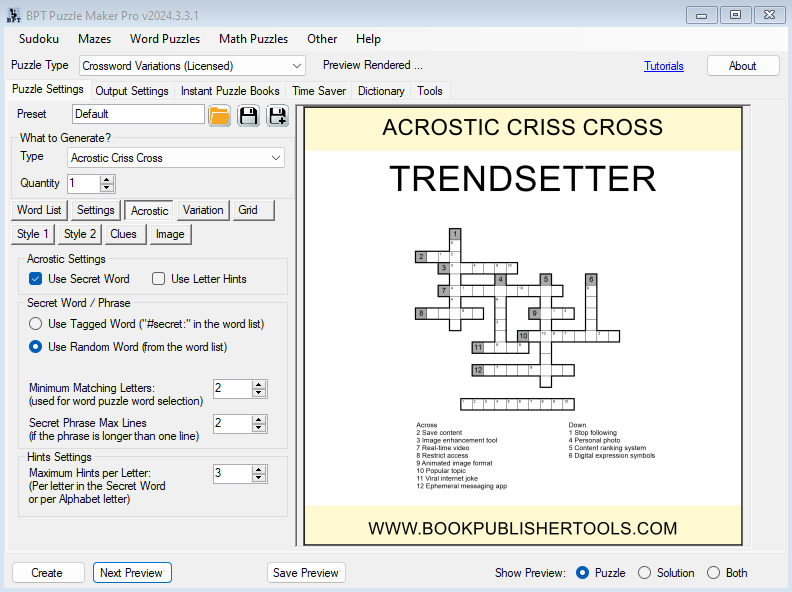 Acrostic Criss Cross - Acrostic Settings