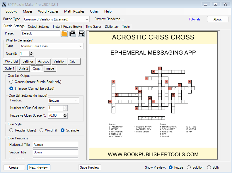 Acrostic Criss Cross - Clue Settings