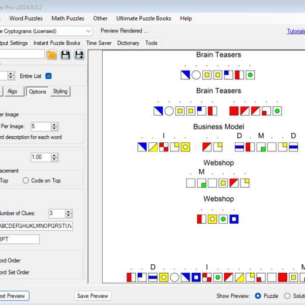 Screenshot of BPT Puzzle Maker Pro software interface showing Picture Cryptograms with settings for creating multiple words per image and customization options for clues and puzzle