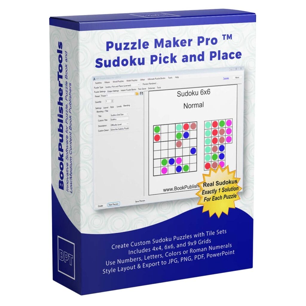 Create sudoku puzzles with built-in tile sets for hands-on interaction and visual variety. Supports numbers, letters, colors, and full styling control — perfect for printables, POD books, and educational content.