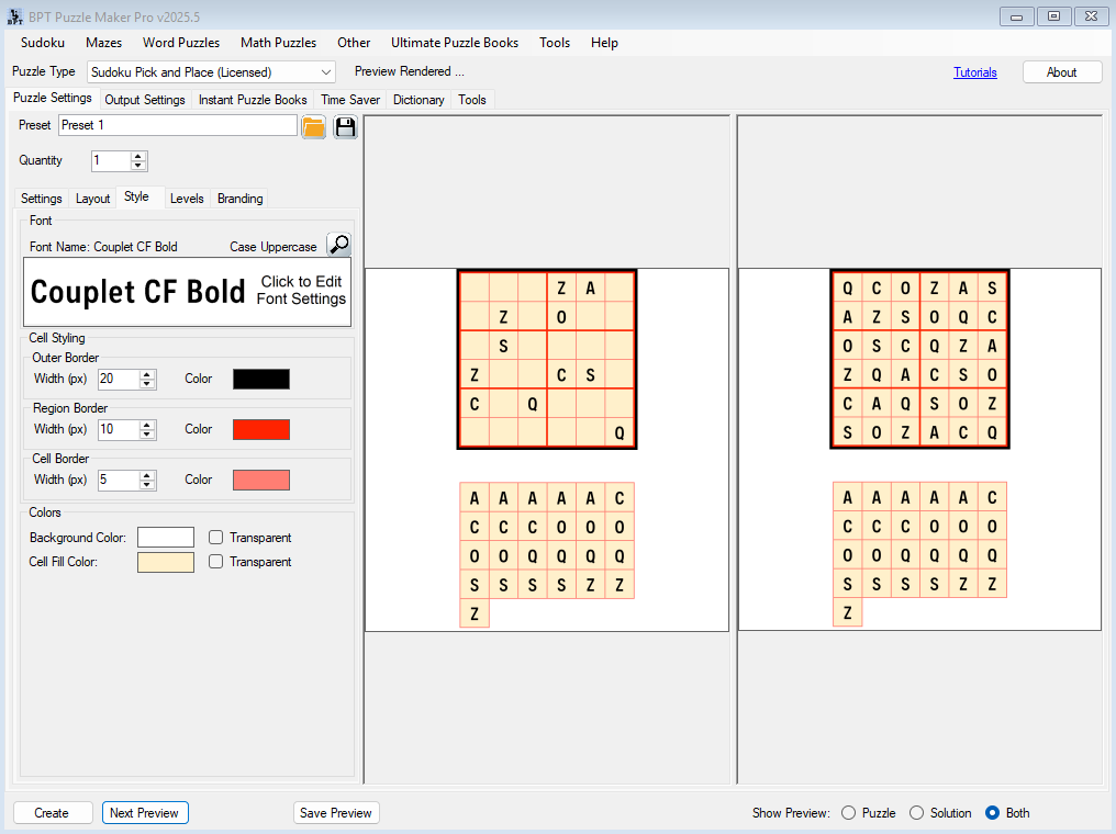 Sudoku Puzzle Maker software interface displaying settings for puzzle creation, font customization, and preview options. Ideal for creating printables and puzzle books for platforms like Etsy.