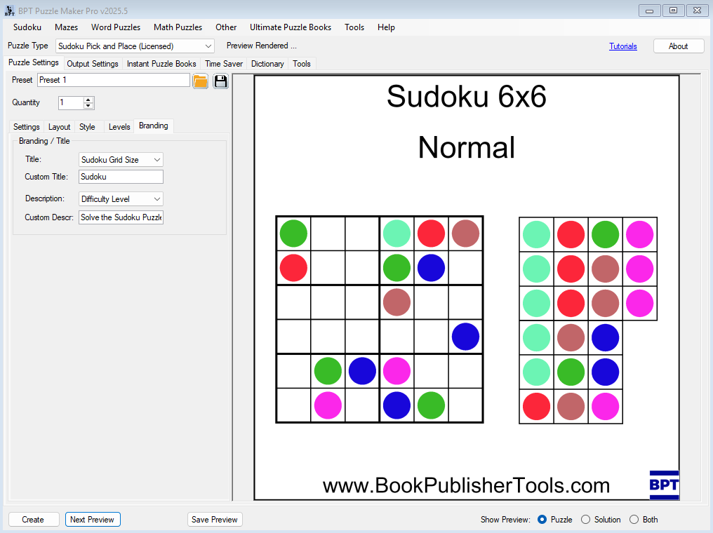 Screenshot of BPT Puzzle Maker Pro v2025.5 software interface showing a Sudoku puzzle creation tool. The interface has options for setting the puzzle type, Sudoku grid size, difficulty level, and custom descriptions. Displayed is a 6x6 normal Sudoku puzzle with color-coded circles and its solution. The window also includes branding options and a preview section. The bottom of the puzzle displays the website 'www.BookPublisherTools.com'. Keywords: Sudoku printables, puzzle book publishing, Ets