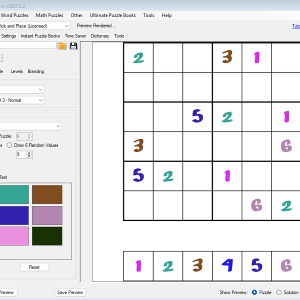 Sudoku creation software interface showing a 6x6 colored Sudoku puzzle set to Level 3 difficulty, with options for customizing puzzle layout, style, and symbols for publishing on Etsy.