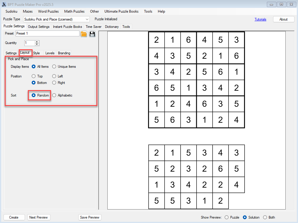 BPT Puzzle Maker Pro interface displaying options for creating Sudoku puzzles, including layout and sort settings, along with a preview of two Sudoku puzzles.