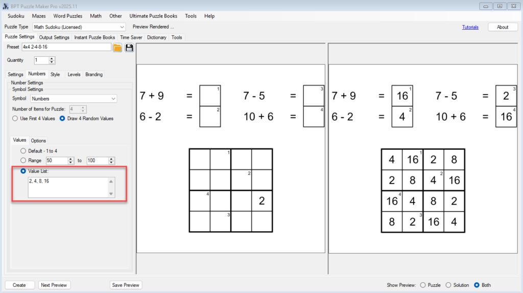 Math Sudoku - using a custom value list for numbers