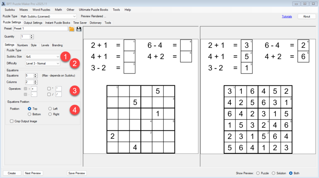 Math and Layout settings for Math Sudoku