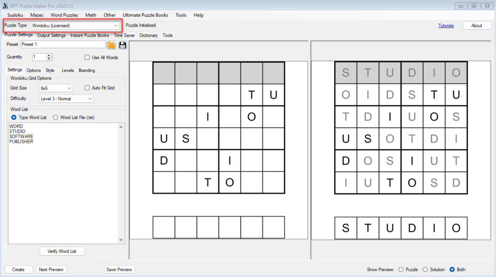 Screenshot of Puzzle Maker Pro with Wordoku selected