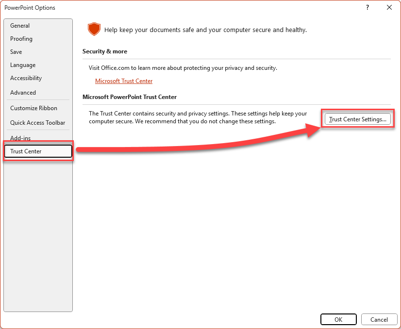 How to find the Powerpoint Trust Center