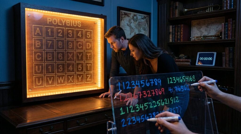Atmospheric escape room scene with illuminated Polybius grid puzzle on wall, players working with transparent boards and colorful markers.
