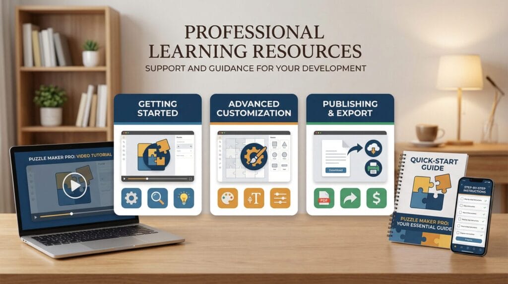  Professional learning resources layout showing three tutorial cards (Getting Started, Advanced Customization, Publishing & Export) with laptop, printed guide, and mobile device. Warm, inviting educational design.