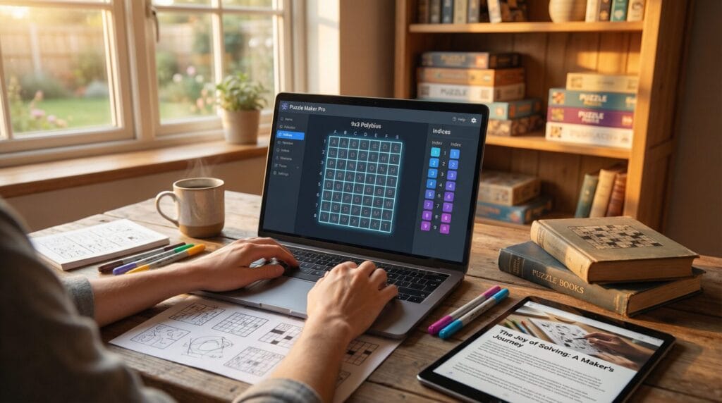 Inspiring workspace showing Puzzle Maker Pro software on laptop with 9x3 grid and color-coded indices, surrounded by puzzle materials and warm natural lighting.