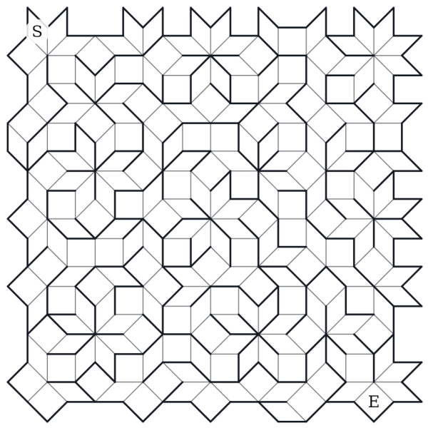 An Exotic Pattern maze on the Ammann–Beenker tiling — squares and rhombi with eight-fold symmetry