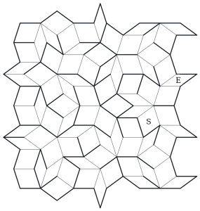 An Exotic Pattern maze on the never-repeating Penrose tiling — fat and thin rhombi, Start and Finish marked