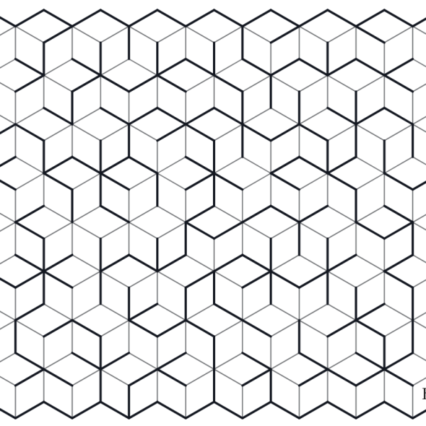An Exotic Pattern maze on the Rhombille (tumbling-blocks) tiling — rhombi that read as 3D cubes, Start (S) top-left and Finish (E) bottom-right, the tile pattern drawn as faint ghost edges