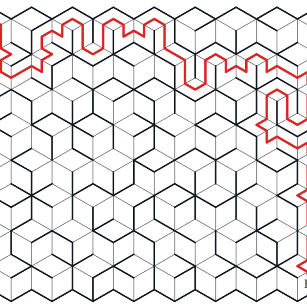 The same Rhombille maze solved — the S→E route highlighted in red, weaving tile to tile through the tumbling blocks