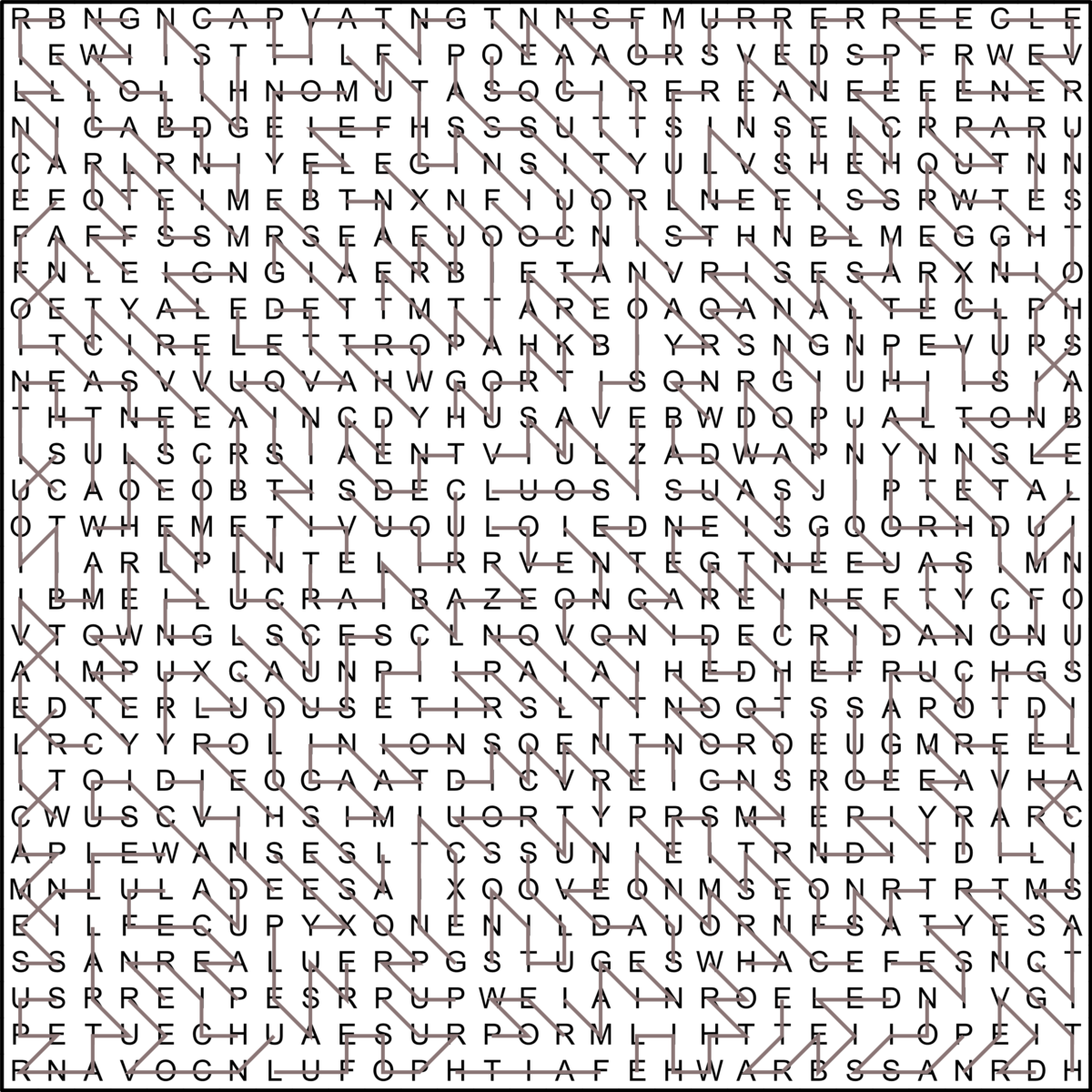Diagonal Zig Zag Word Search 30x30 Solution