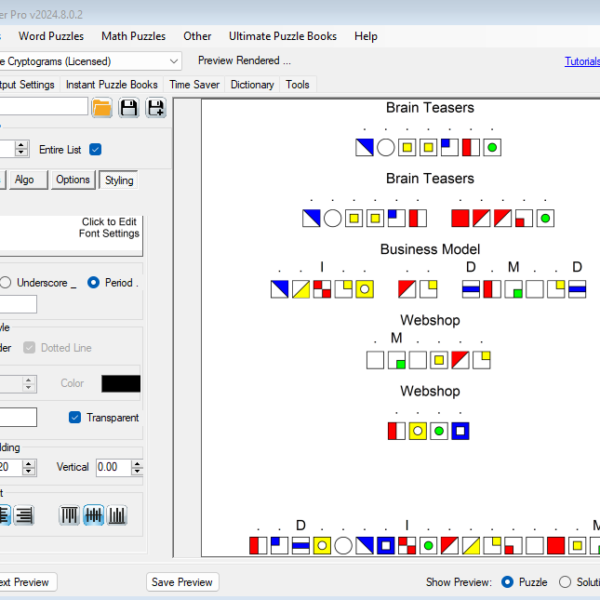 Screenshot of BPT Puzzle Maker Pro v2024.8.0.2 software interface displaying Symbol Cryptograms. The screen shows colorful geometric shapes representing letters for puzzles labeled 'Brain Teasers' and 'Webshop.' The left panel includes settings for font, fill character, and letter style. Options to preview and save are available at the bottom.