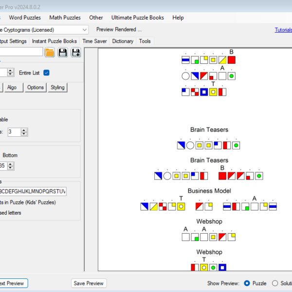 Screenshot of Puzzle Maker Pro software interface showing options for creating symbol cryptograms. Features include settings for puzzle type, quantity, layout, key table options, and preview functions. Visible are sample puzzles with colored geometric shapes representing coded messages with word examples like 'Brain Teasers' and 'Business Model'.