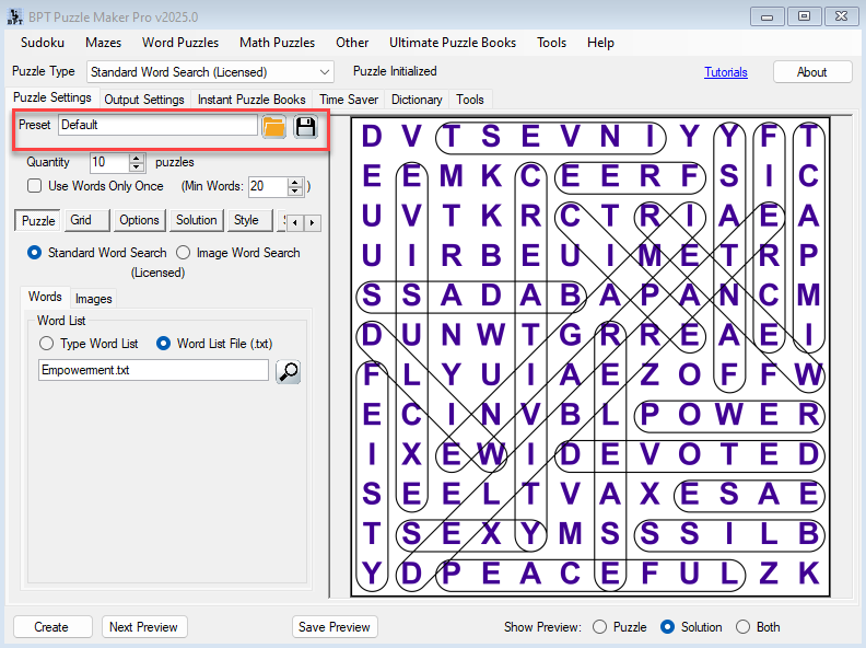 Puzzle Maker Pro Features - Presets