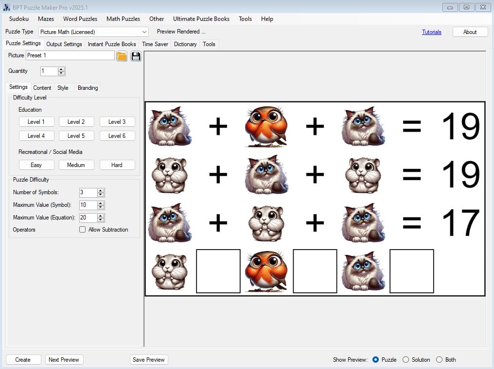 Picture Math Difficulty Levels