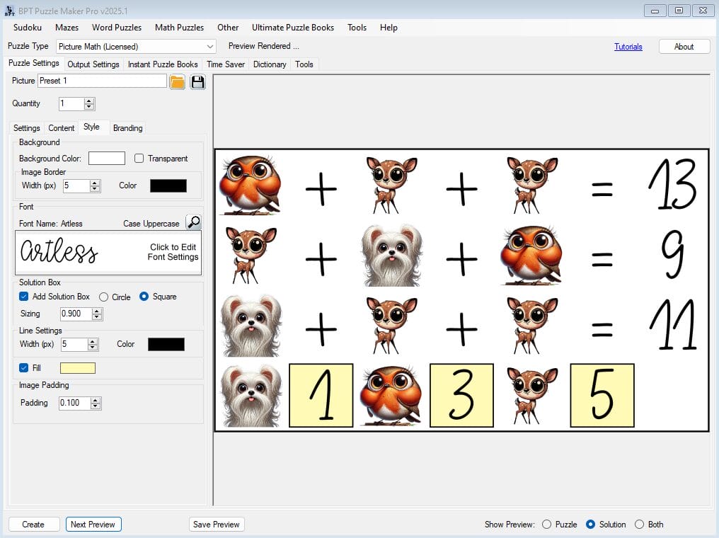Picture Math Styling Options