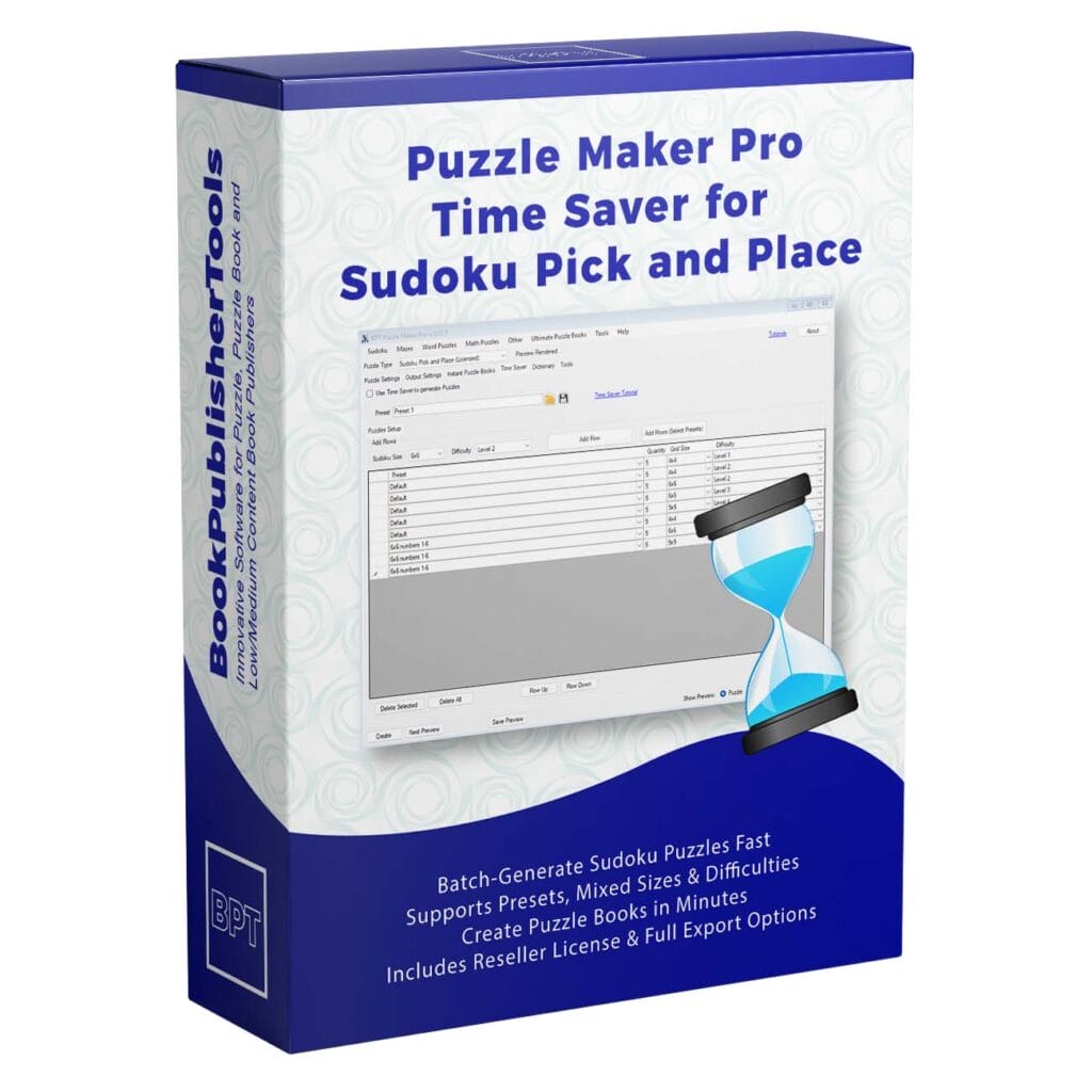 Batch-generate sudoku puzzles with full control over style, size, difficulty, and quantity. Includes reseller rights for selling puzzles and puzzle books. Requires the core Pick and Place module.