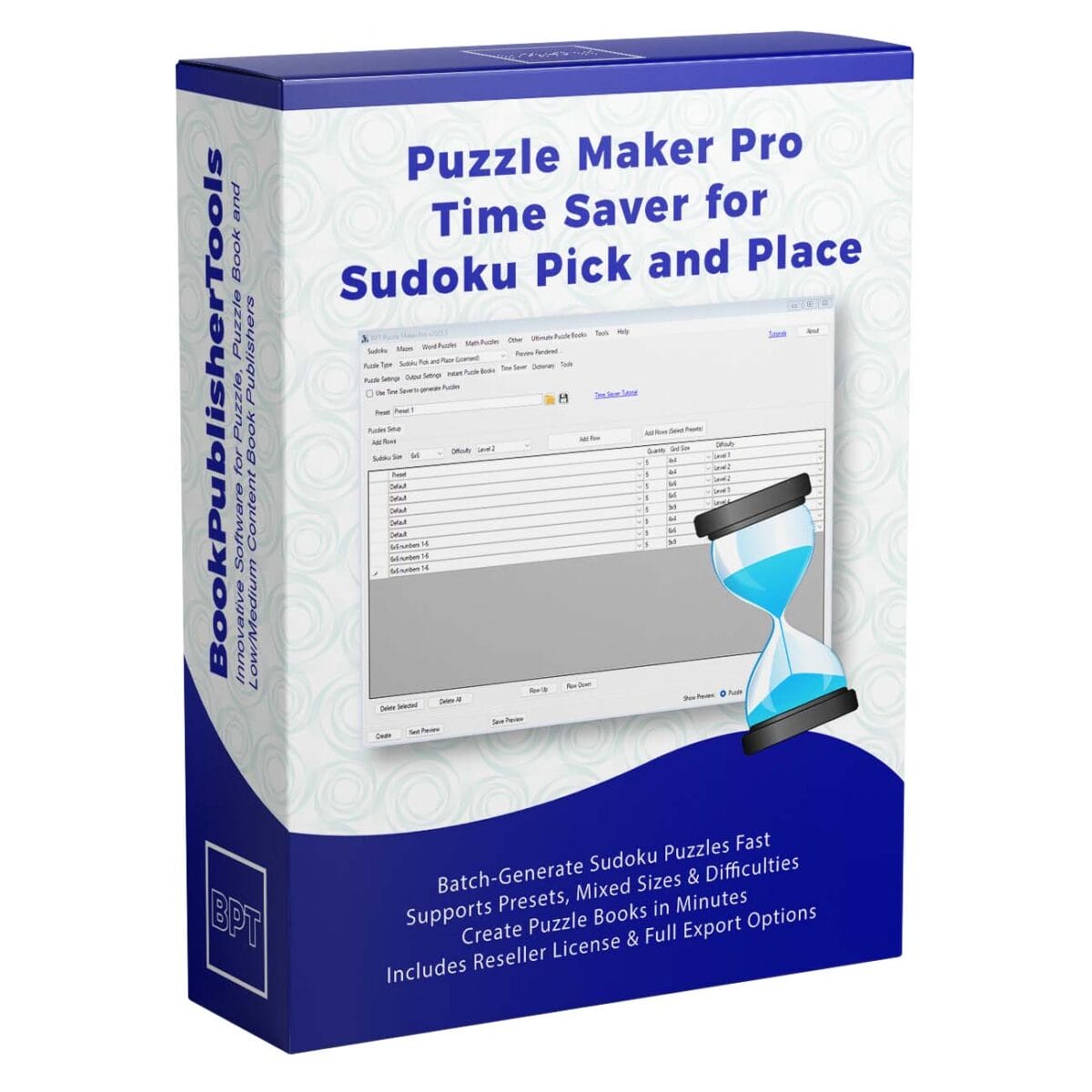 Batch-generate sudoku puzzles with full control over style, size, difficulty, and quantity. Includes reseller rights for selling puzzles and puzzle books. Requires the core Pick and Place module.