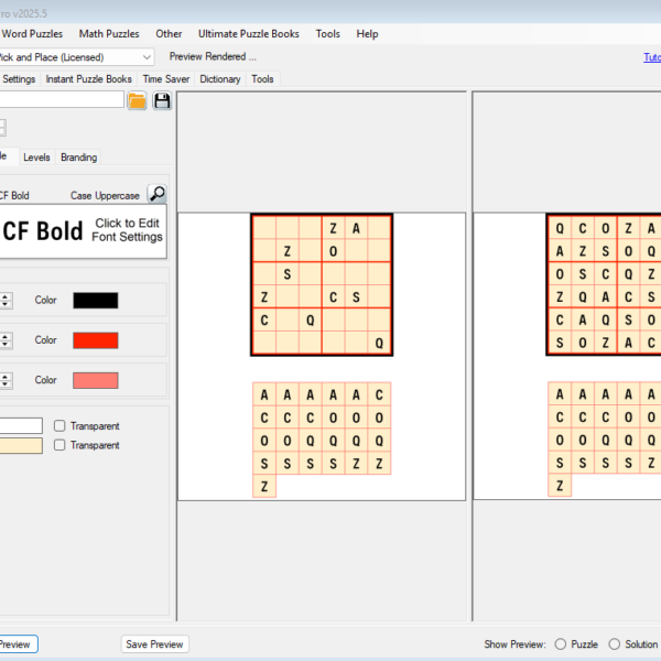 Sudoku Puzzle Maker software interface displaying settings for puzzle creation, font customization, and preview options. Ideal for creating printables and puzzle books for platforms like Etsy.