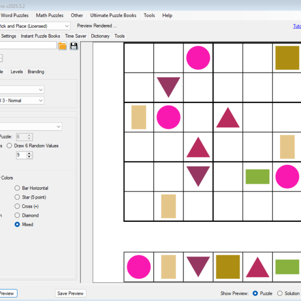 Sudoku Printables & Puzzle Book Publishing Tools for Etsy & Publishing - BPT Puzzle Maker Pro software interface displaying a 6x6 Sudoku puzzle with colored shapes. Options for puzzle types, difficulty, and symbol settings are visible. Ideal for creating custom puzzle books and printables.