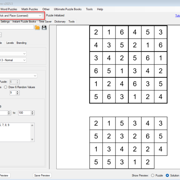 Screenshot of BPT Puzzle Maker Pro software showing Sudoku Pick and Place licensed puzzle type. The interface includes settings for Sudoku size, difficulty level, and symbol settings, with two Sudoku puzzles displayed in the upper right corner, each filled with numbers in a grid format. Ideal for users creating Sudoku printables and puzzle books for Etsy or self-publishing.