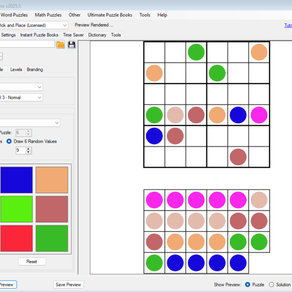 Screenshot of BPT Puzzle Maker Pro software displaying a Sudoku puzzle customization screen. Features include options for puzzle type, difficulty level, and symbol settings. Two grid previews show colored circles instead of numbers, demonstrating a unique Sudoku layout. Ideal for creating printable Sudoku puzzles for Etsy and publishing.