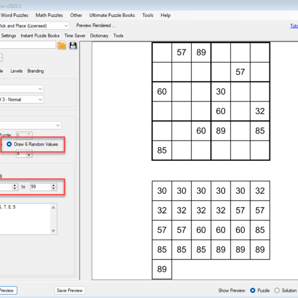 Screenshot of BPT Puzzle Maker Pro software interface showing Sudoku puzzle settings. The interface includes options for puzzle type, size, difficulty, and symbol settings. A sample 6x6 Sudoku grid with numbers ranging from 10 to 99 is displayed. The software is used for creating and publishing Sudoku puzzles on platforms like Etsy.