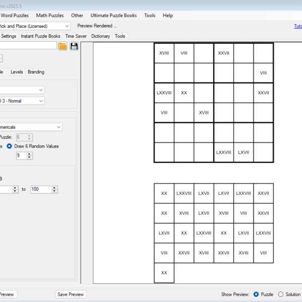 Screenshot of BPT Puzzle Maker Pro v2025.5 software interface showing Sudoku puzzle creation settings. The interface includes options for puzzle type, size, difficulty, and symbol set, with Roman numerals selected. Two grid previews illustrate a 6x6 Sudoku pu