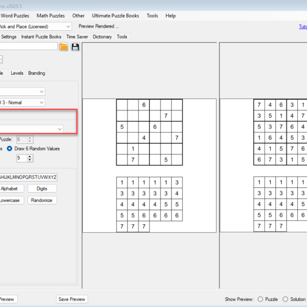 Software interface of BPT Puzzle Maker Pro v2025.5 showing tools for creating Sudoku puzzles, including settings for puzzle size, difficulty, and symbols. The interface displays a split view with a Sudoku puzzle on one side and its solution on the other, tailored for Etsy and publishing use.