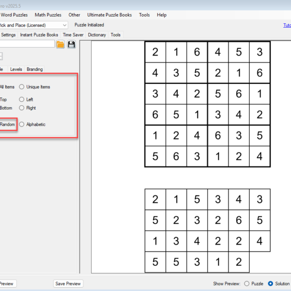 BPT Puzzle Maker Pro interface displaying options for creating Sudoku puzzles, including layout and sort settings, along with a preview of two Sudoku puzzles.