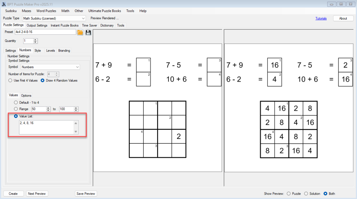 Math sudoku - custom value list for numbers