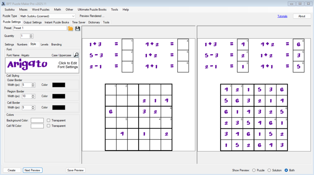 Math Sudoku - preview with applied font settings