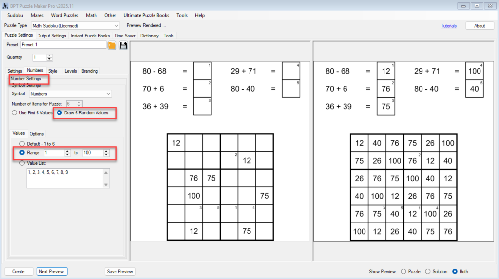 Math Sudoku - Numbers settings