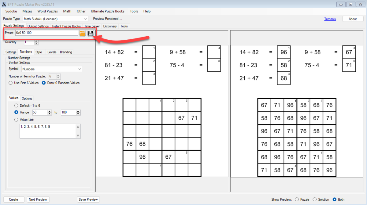 Math Sudoku - Saving presets