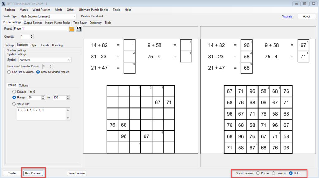 Math Sudoku - Puzzle and solution preview
