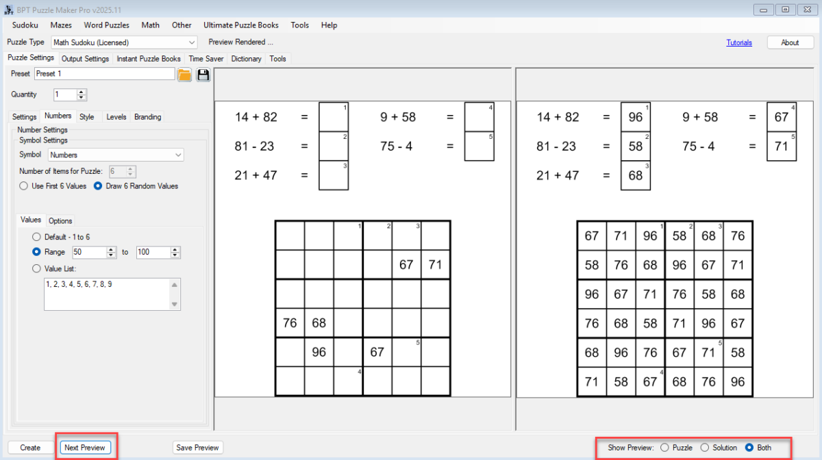 Math Sudoku - Puzzle and solution preview