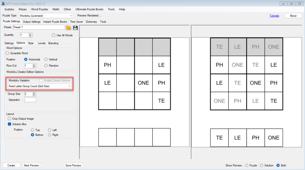Wordoku - Fixed group count - for specific Grid Sizes