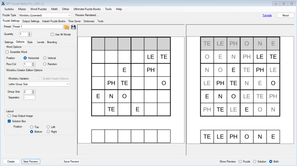 Wordoku - Letter Groups in the grid, max group size is 2