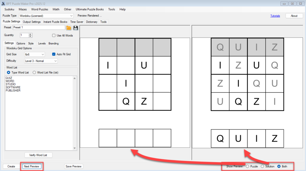 Wordoku screenshot - Next Preview and Preview Layout