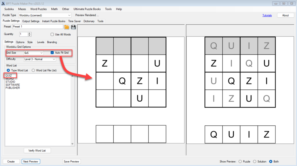 Puzzle Maker Pro Wordoku - using the Auto Fit option with the word QUIZ