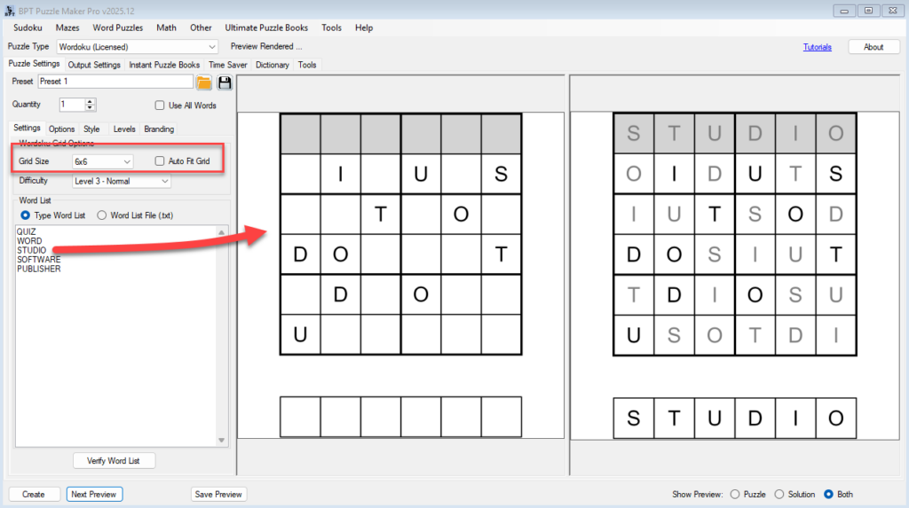 Wordoku - No Autofit will skip words until a word fits