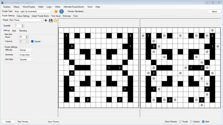 Puzzle Maker Pro 15x15 Akari Light Up difficulty setting